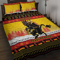 Yellow quilt bed set with black and red festive border and Merry Krampus graphic