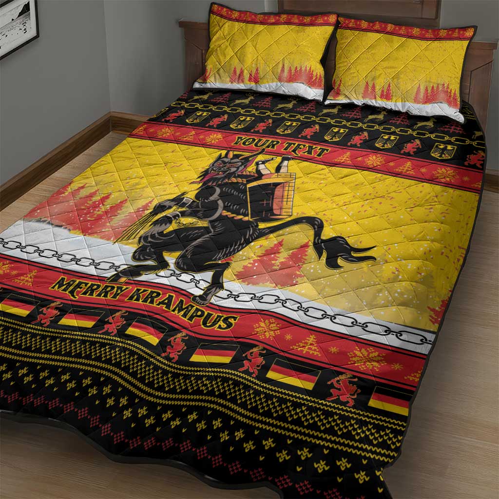 Yellow quilt bed set with Krampus illustration, red banner strip, and black chain border