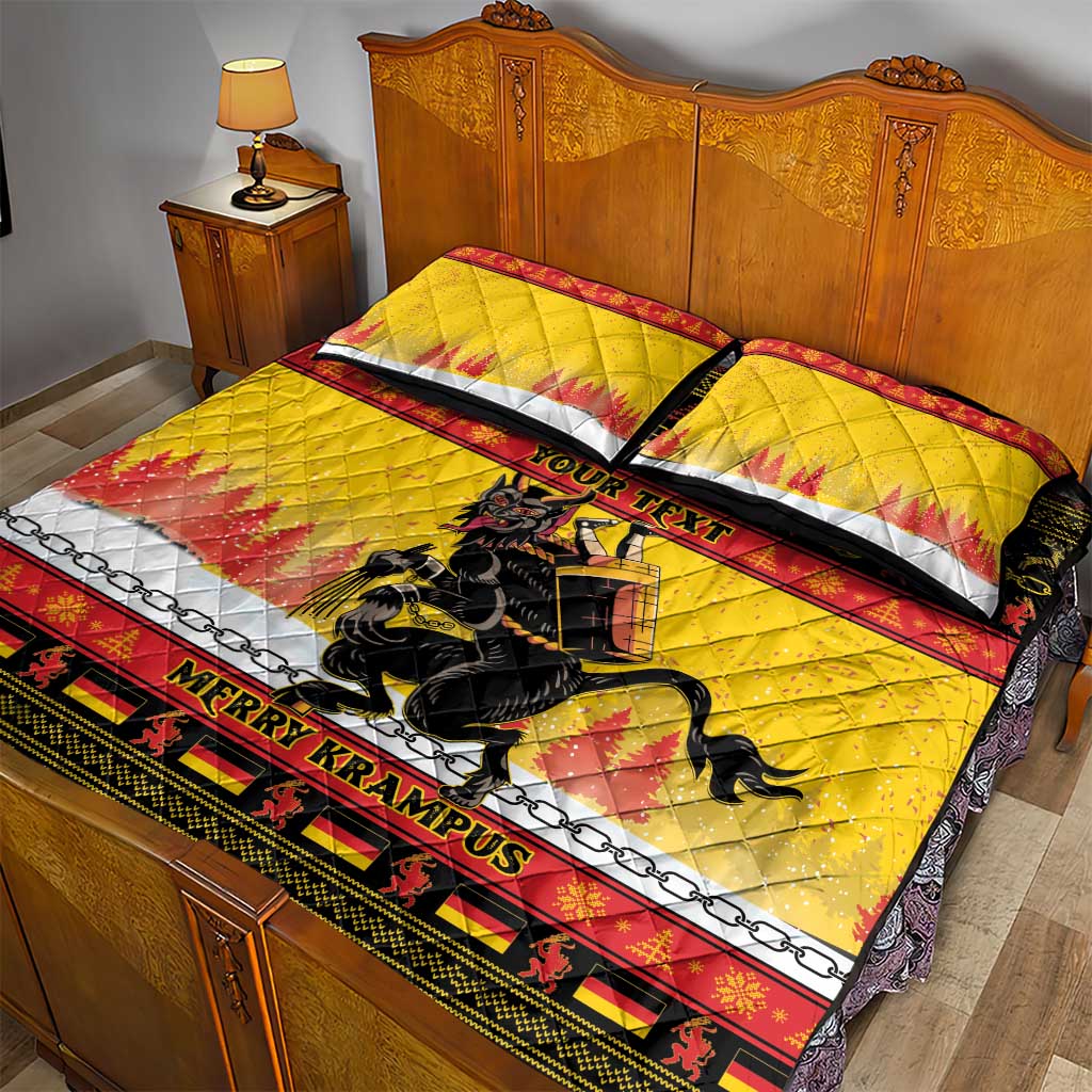 Yellow quilt bed set with matching pillows, Krampus graphic, and black-red decorative border