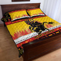 Yellow quilt bed set with quilted texture, Krampus graphic, and red edge trim