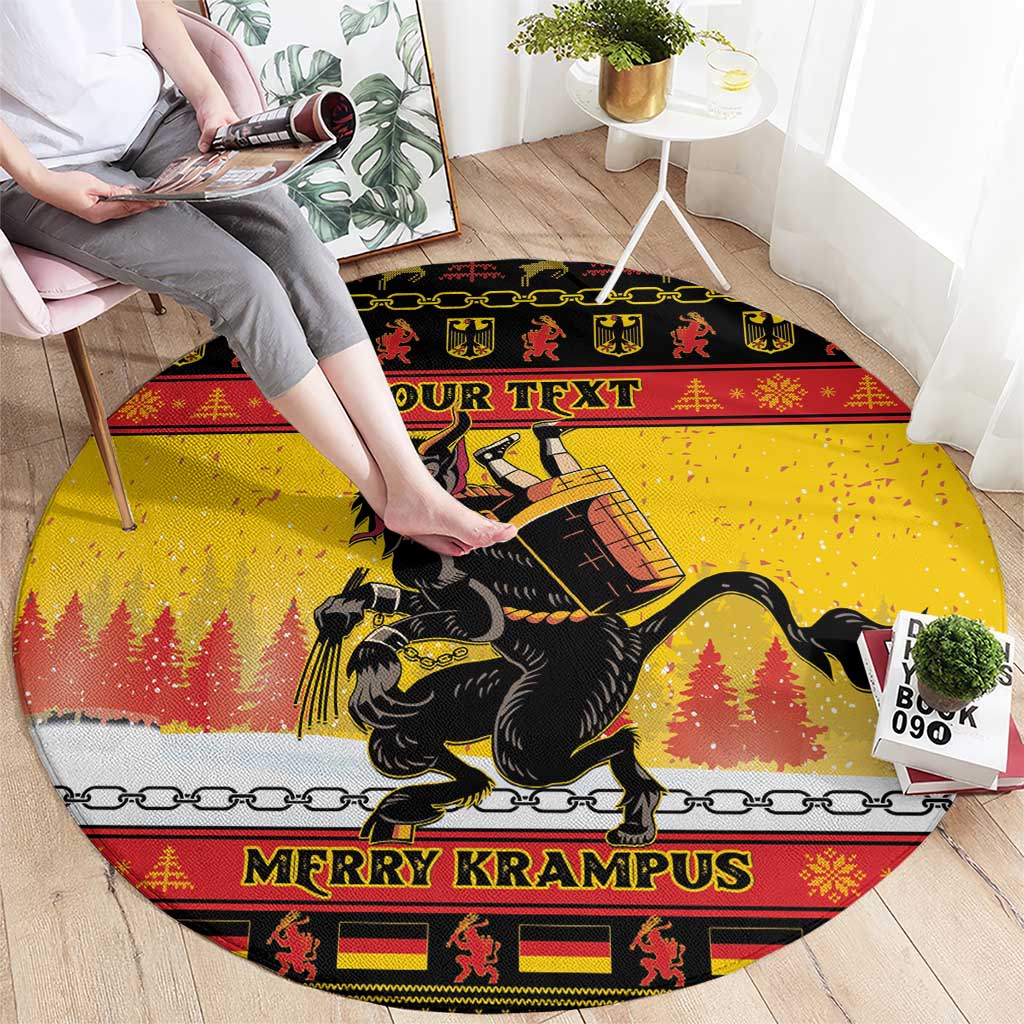 Round yellow Christmas carpet with Krampus illustration, 'Your Text' and Merry Krampus