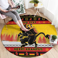 Round yellow Christmas carpet with Krampus illustration, 'Your Text' and Merry Krampus