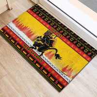 Personalized yellow doormat featuring Krampus, with chain-stripe borders