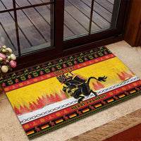 Yellow Christmas rubber doormat with Krampus artwork, chains, and “MERRY KRAMPUS”