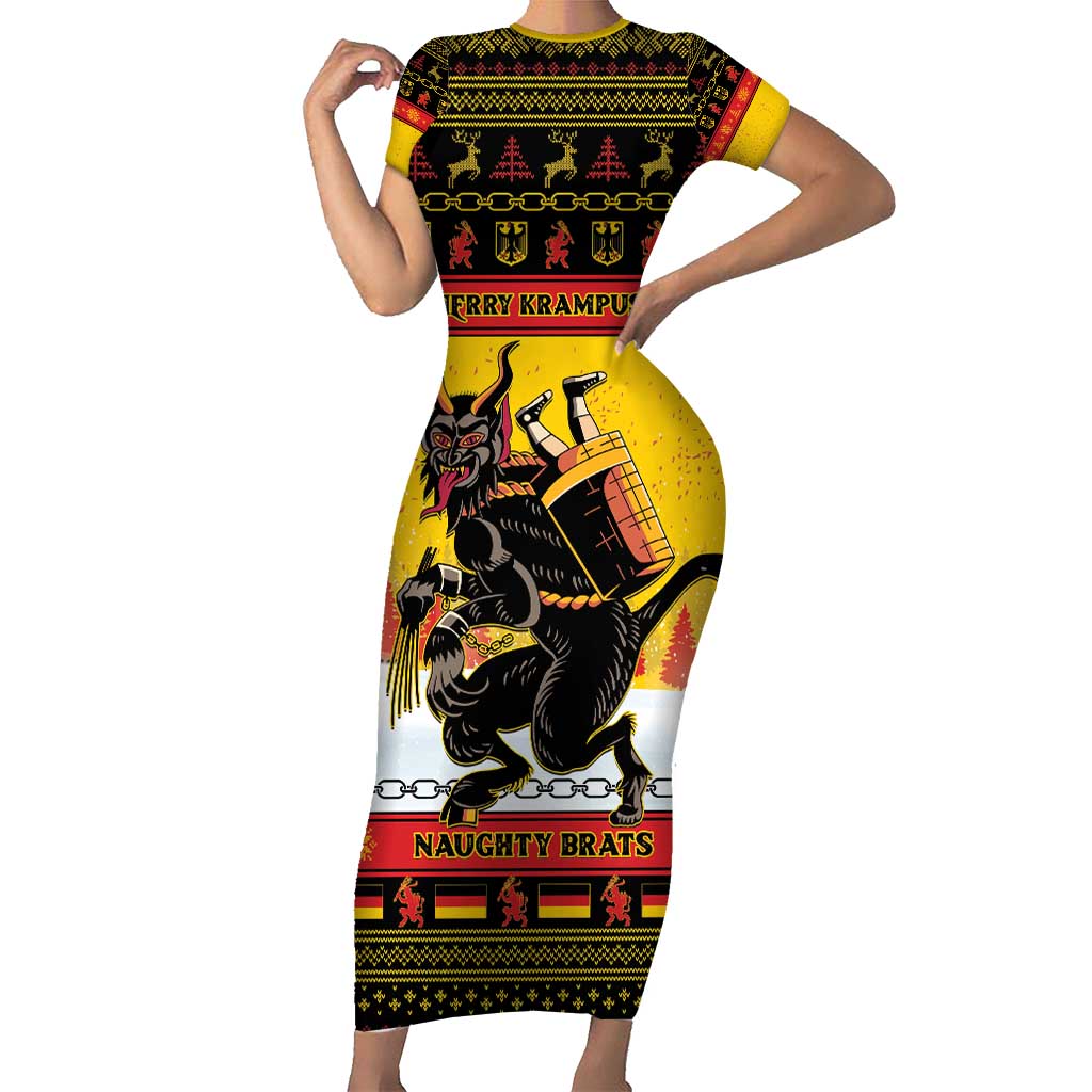 Personalised Germany Christmas Short Sleeve Bodycon Dress Merry Krampus - Wonder Print Shop