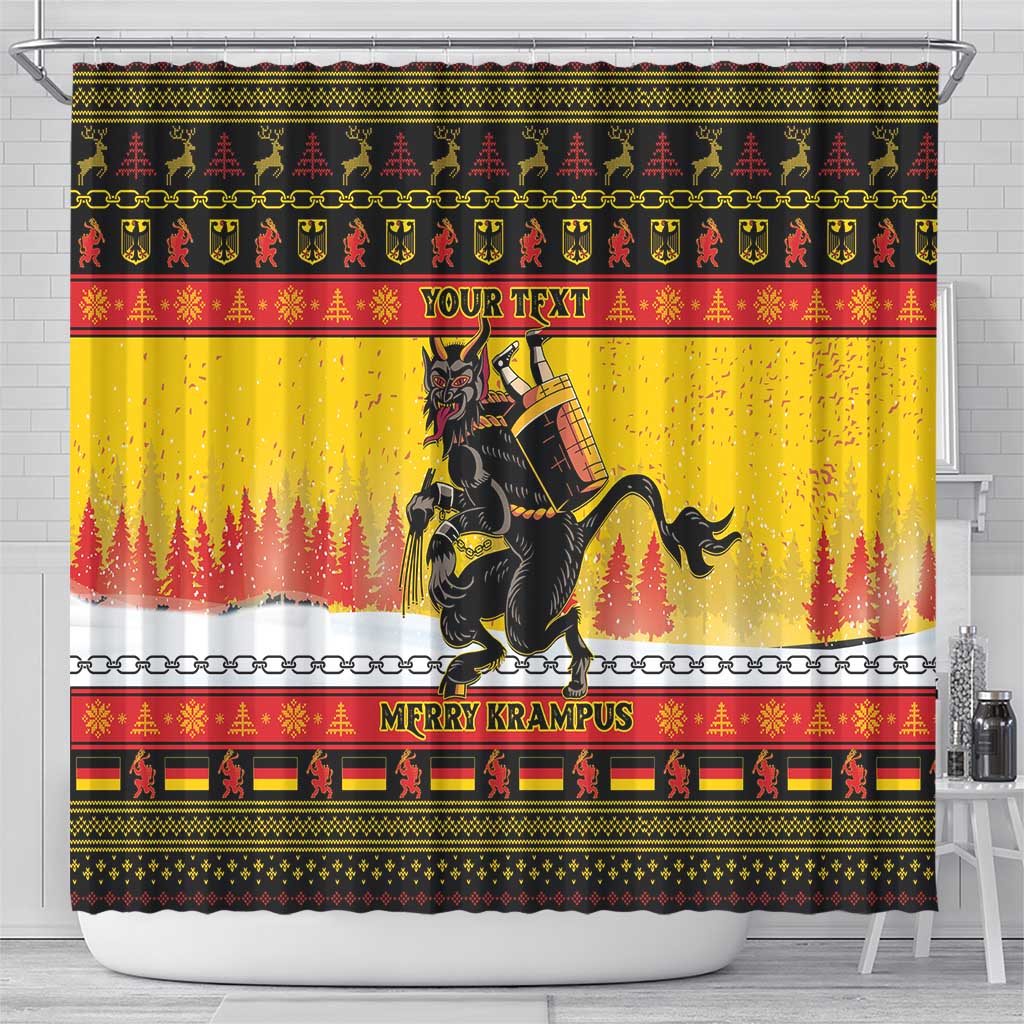 Yellow Christmas shower curtain with Krampus illustration, “YOUR TEXT” and “MERRY KRAMPUS”