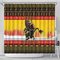 Yellow Christmas shower curtain with Krampus illustration, “YOUR TEXT” and “MERRY KRAMPUS”