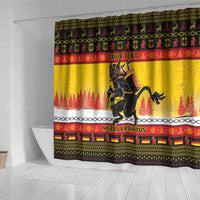 Yellow Krampus Christmas shower curtain with “YOUR TEXT” and “MERRY KRAMPUS”