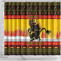 Yellow Christmas shower curtain with Krampus figure and “YOUR TEXT” centered stripe