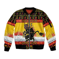 Yellow zip bomber jacket with Krampus graphic, Merry Krampus text and chain trim