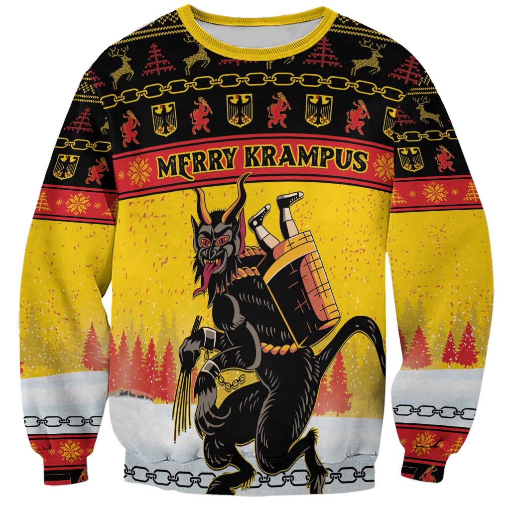 Personalised Christmas sweatshirt, yellow with Krampus graphic and 'MERRY KRAMPUS' text