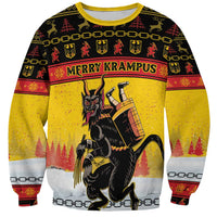 Personalised Christmas sweatshirt, yellow with Krampus graphic and 'MERRY KRAMPUS' text