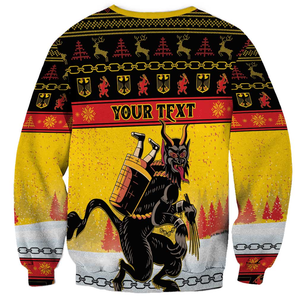 Personalised Christmas sweatshirt, yellow with Krampus graphic and 'YOUR TEXT' banner