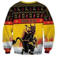 Personalised Christmas sweatshirt, yellow with Krampus graphic and 'YOUR TEXT' banner
