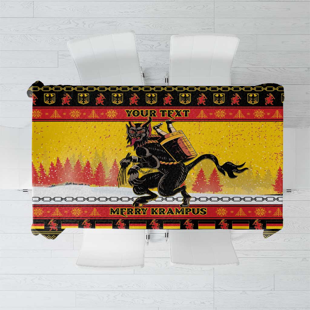 Yellow Christmas tablecloth with Krampus graphic, chain border, and “MERRY KRAMPUS” text