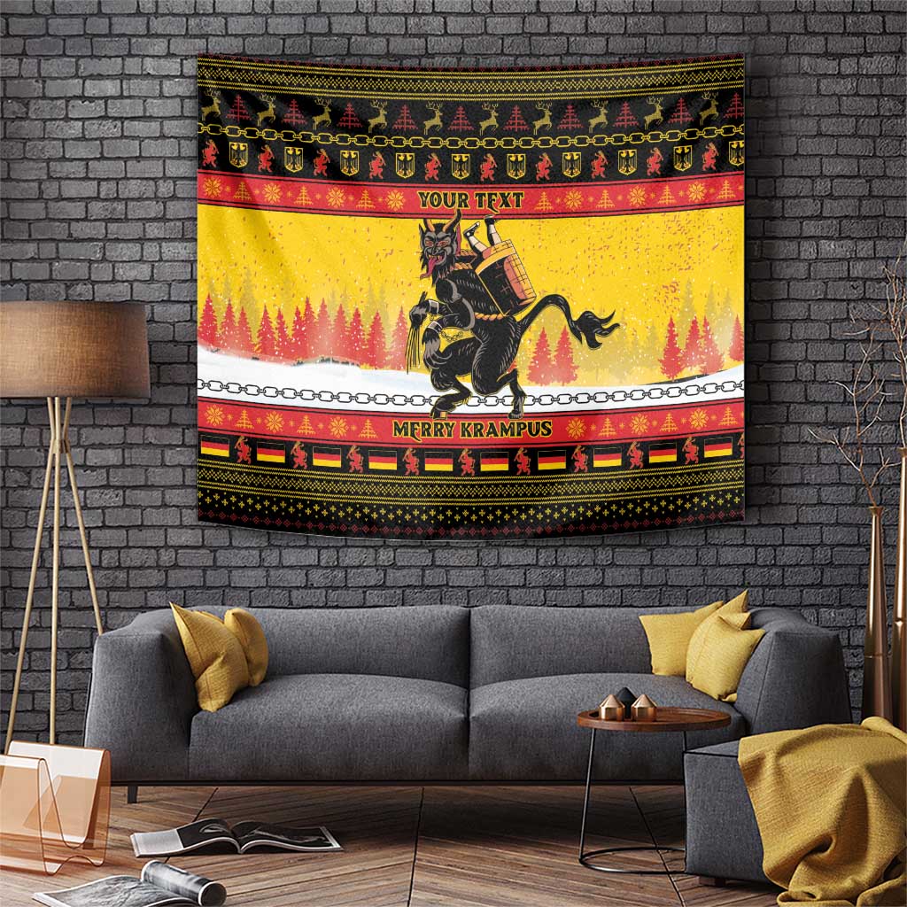 Yellow Christmas tapestry with dark Krampus and reindeer-style border, hanging on wall.