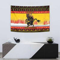 Yellow Christmas tapestry with dark Krampus and “MERRY KRAMPUS” text stripe, pine trees.