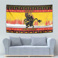 Yellow wall tapestry featuring dark Krampus, pine forest scene, and decorative border stripes.