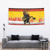 Yellow holiday tapestry with Krampus character and “YOUR TEXT” header above forest trees.