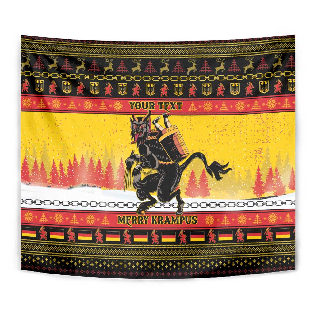 Yellow Krampus Christmas tapestry with “YOUR TEXT” banner and festive patterned border.