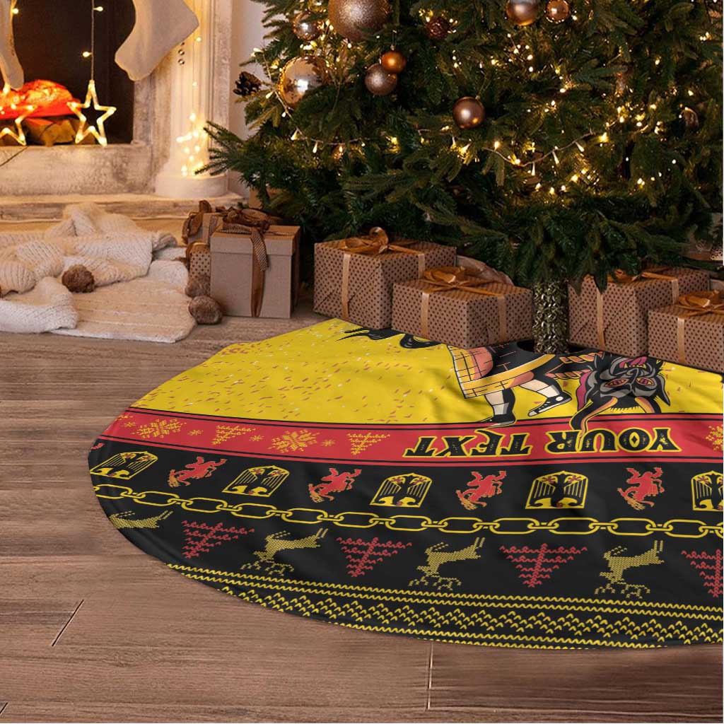Yellow circular tree skirt with fringed edge, black Krampus artwork and patterned border.
