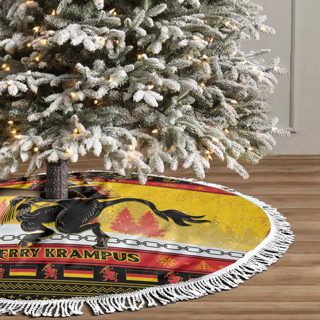 Yellow circular tree skirt with fringed edge, Krampus design and festive border patterns.