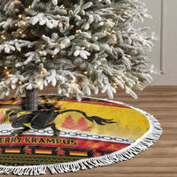 Yellow circular tree skirt with fringed edge, Krampus design and festive border patterns.