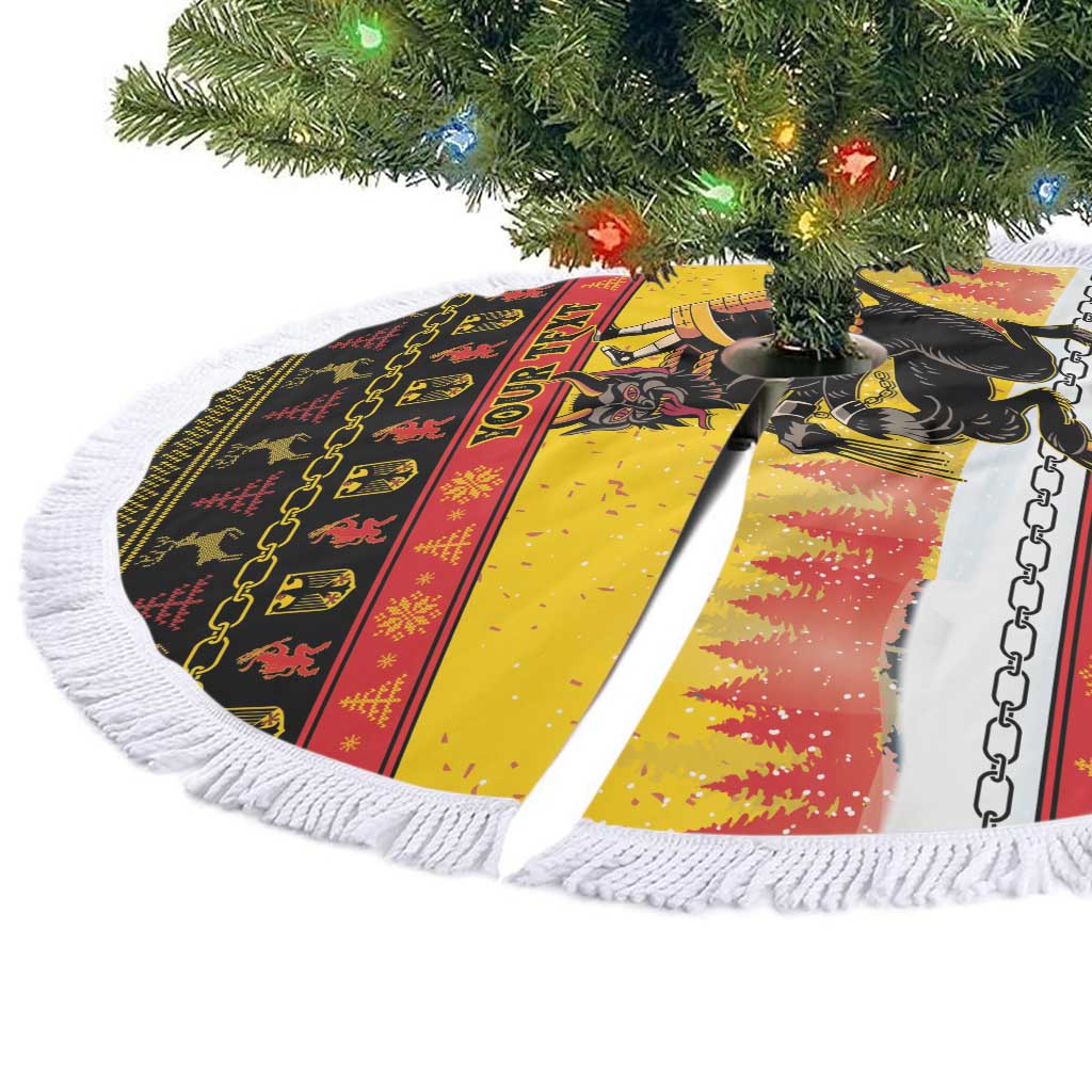Yellow round Christmas tree skirt with fringed edge, Krampus scene with chain border.