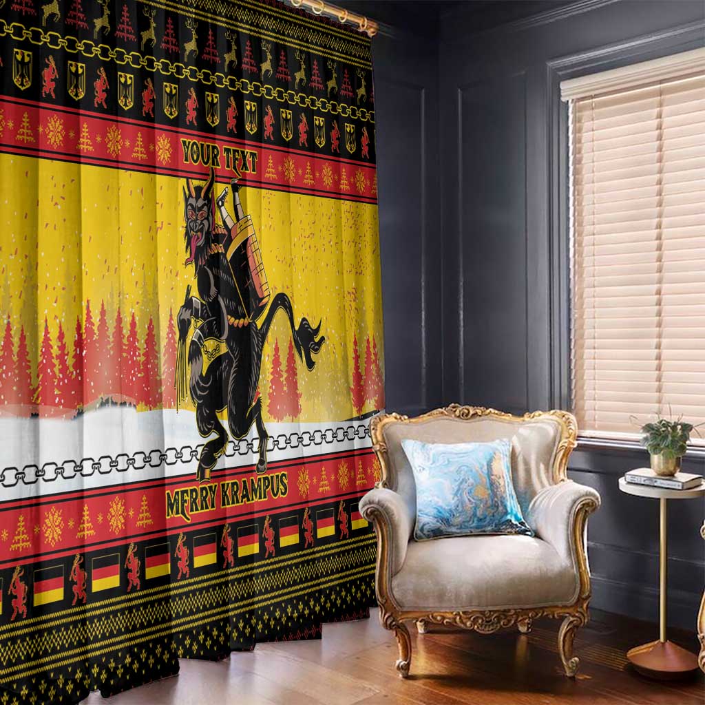 Yellow Krampus Christmas window curtains beside a tufted armchair and side table
