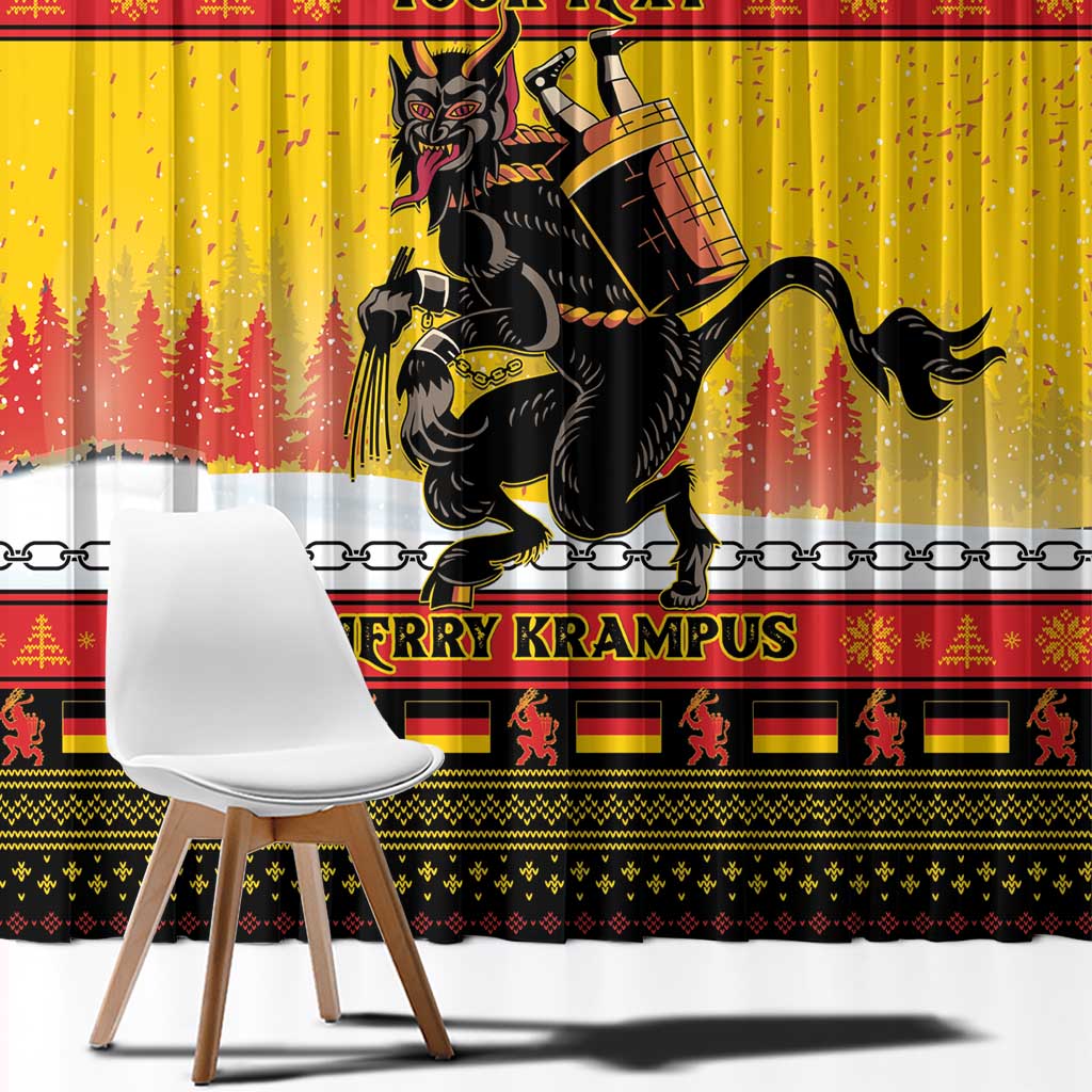 Yellow Christmas window curtain pair with black Krampus character and red border pattern