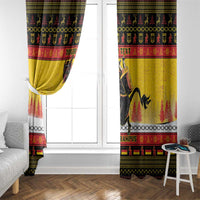 Yellow Krampus Christmas window curtains with patterned top and red decorative stripe