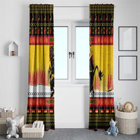 Yellow Krampus Christmas curtains hung in front of a white door, full-length view