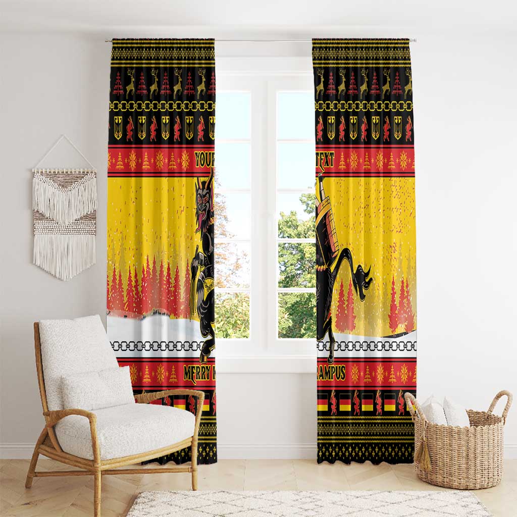 Yellow Christmas window curtain pair with Krampus figure and red tree-pattern band