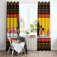 Yellow Krampus Christmas window curtains with seasonal border design and curtain hems