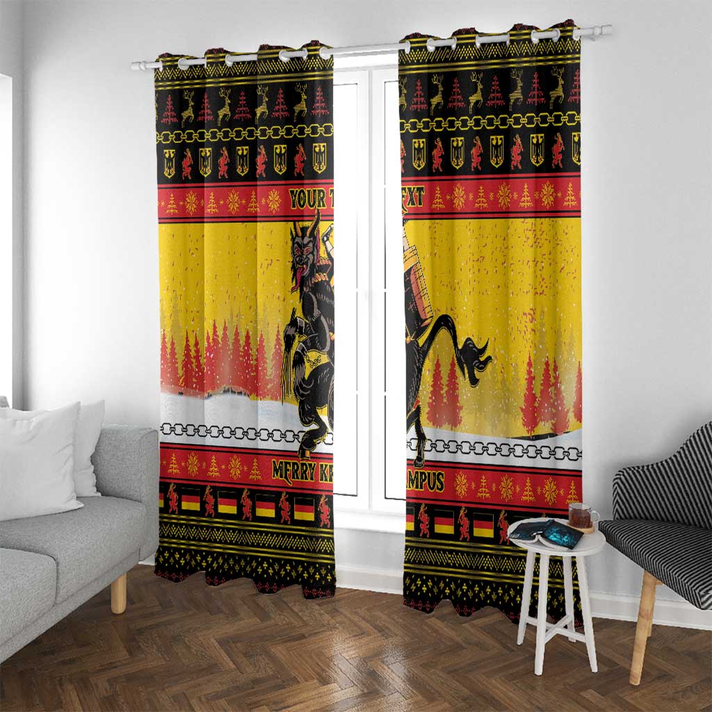 Yellow Christmas Krampus window curtains with repeating icon border and central character