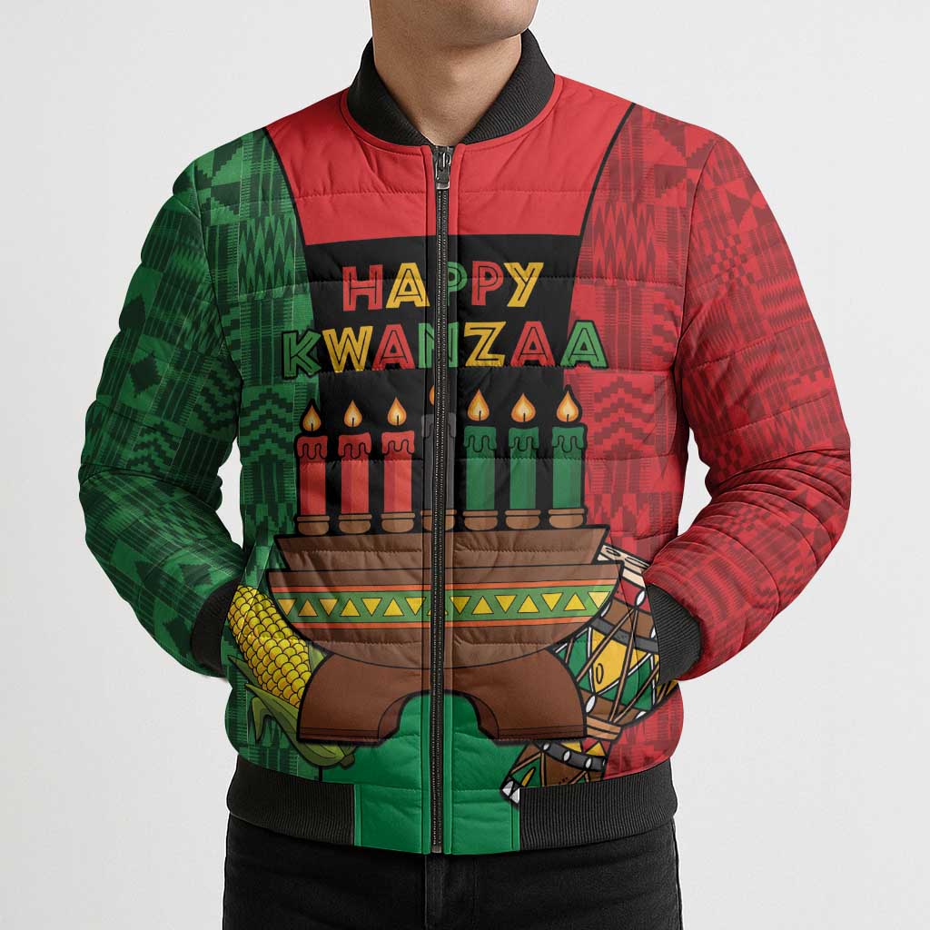 Personalized Happy Kwanzaa Bomber Puffer Jacket Kinara With Kente Pattern - Wonder Print Shop