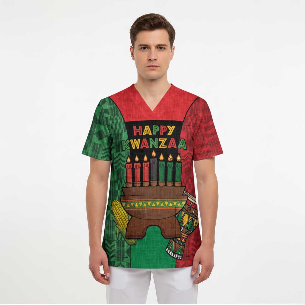 Personalized Happy Kwanzaa Scrub Top Kinara With Kente Pattern - Wonder Print Shop