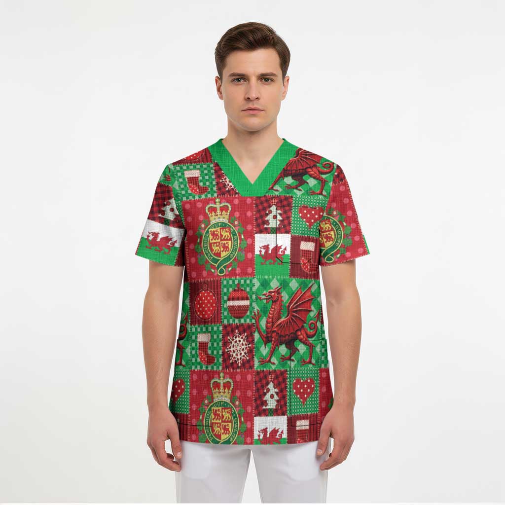 Wales Christmas Patchwork Scrub Top - Wonder Print Shop
