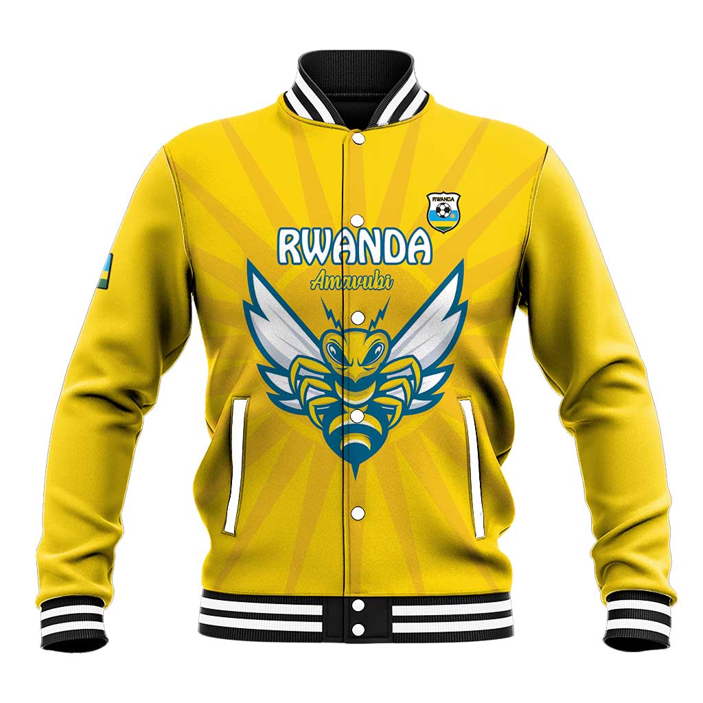 Yellow varsity baseball jacket with Rwanda crest, black/white striped ribbed cuffs
