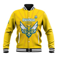 Yellow varsity baseball jacket with Rwanda crest, black/white striped ribbed cuffs