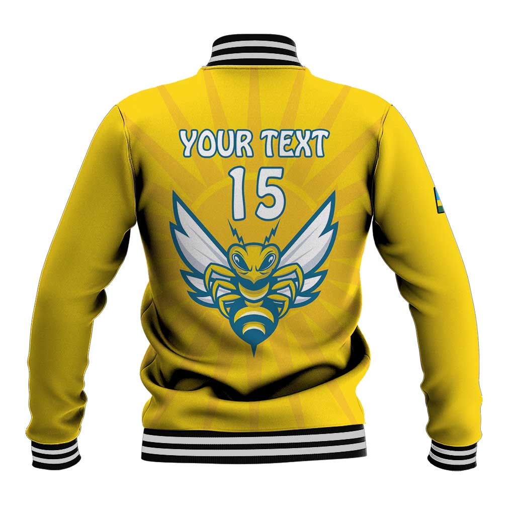 Yellow baseball jacket back with large crest, YOUR TEXT and number 15, striped ribbing