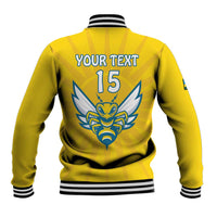 Yellow baseball jacket back with large crest, YOUR TEXT and number 15, striped ribbing