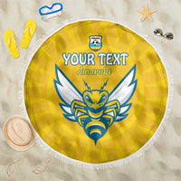 Yellow round beach blanket with white fringe, Rwanda emblem and eagle graphic, “Your Text”.