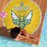 Yellow round beach blanket with white fringe, large eagle crest and “Your Text” print.