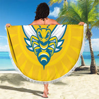 Yellow round beach blanket with white fringe, eagle crest graphic on custom front panel.