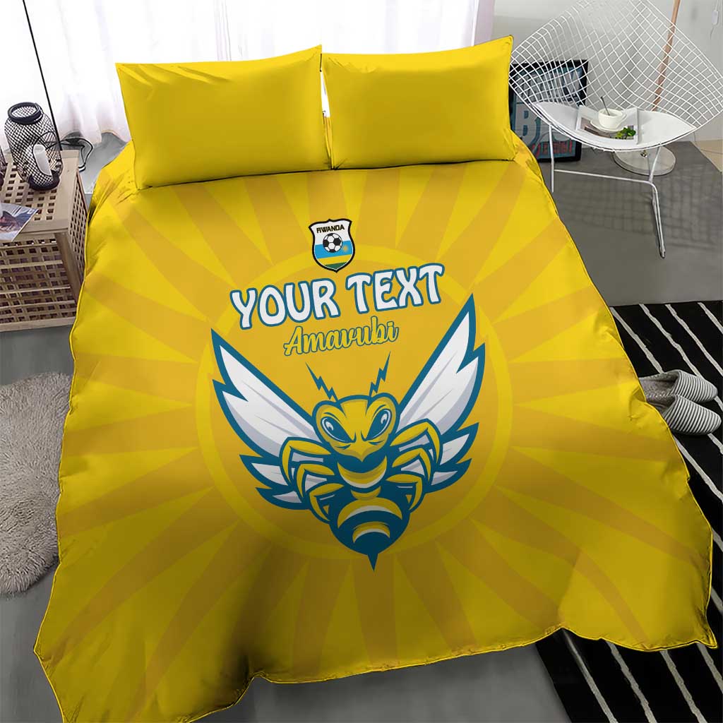 Yellow bedding set with YOUR TEXT and blue football crest emblem on duvet and pillowcases