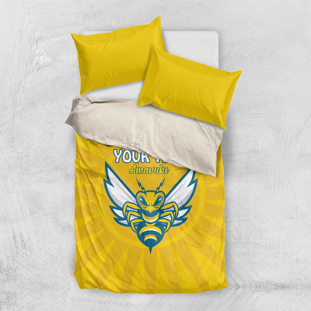 Yellow and white football bedding set with blue crest on duvet and two yellow pillowcases