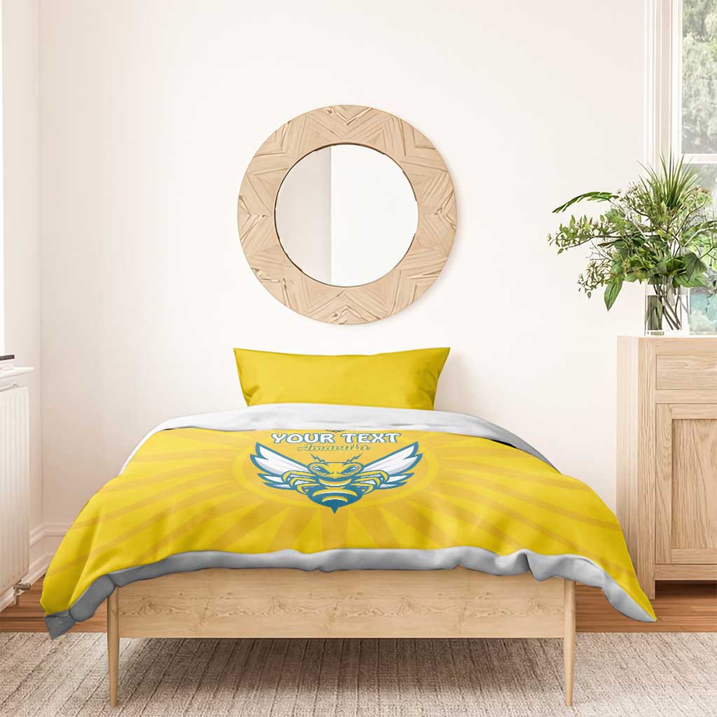 Yellow football bedding set with blue crest and YOUR TEXT on duvet and one pillowcase
