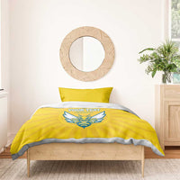 Yellow football bedding set with blue crest and YOUR TEXT on duvet and one pillowcase