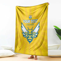 Yellow football blanket with centered blue crest and 'YOUR TEXT' 'Amawubi' lettering